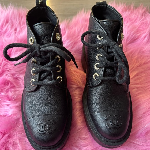 CHANEL | Shoes | Chanel Calfskin Pearl Lace Up Combat Boots | Poshmark